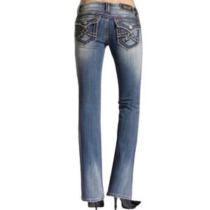 MISS ME Irene Boot Cut Jeans Low Rise Coastal Cowgirl Distressed Denim Womens 28